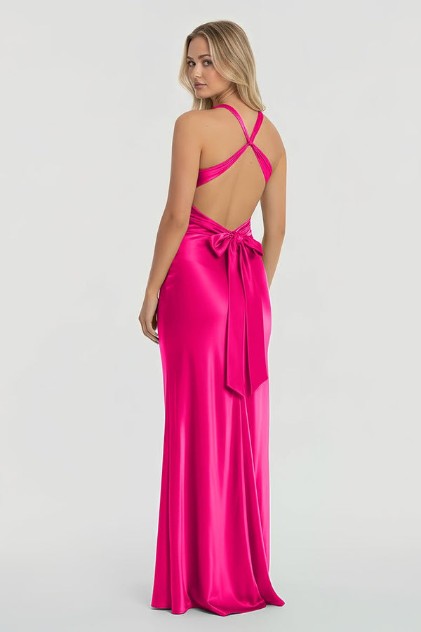 Steph | Turquoise - Halter V - Neck Pleated Satin Sleeveless Long Prom Party Dress - KissProm