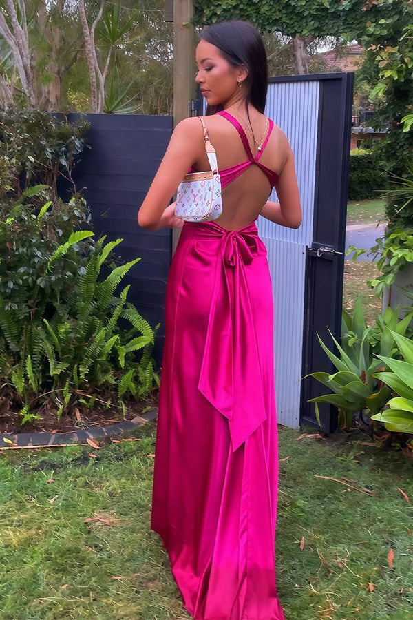 KissProm-Steph Fuchsia Halter V-Neck Pleated Satin Sleeveless Long Prom Party Dress