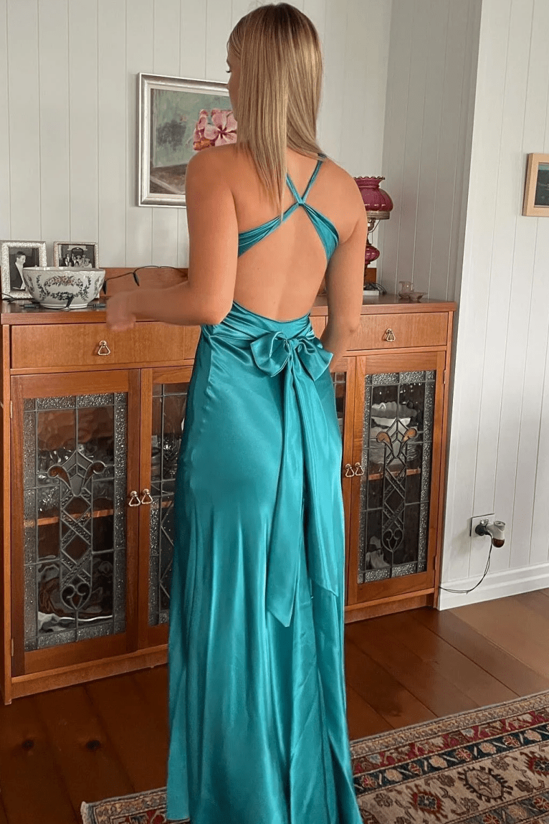KissProm-Steph Turquoise Halter V-Neck Pleated Satin Sleeveless Long Prom Party Dress