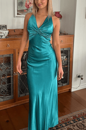 KissProm-Steph Turquoise Halter V-Neck Pleated Satin Sleeveless Long Prom Party Dress