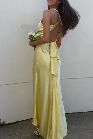 KissProm-Steph Yellow Halter V-Neck Pleated Satin Sleeveless Long Prom Party Dress