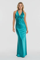 KissProm-Steph Turquoise Halter V-Neck Pleated Satin Sleeveless Long Prom Party Dress