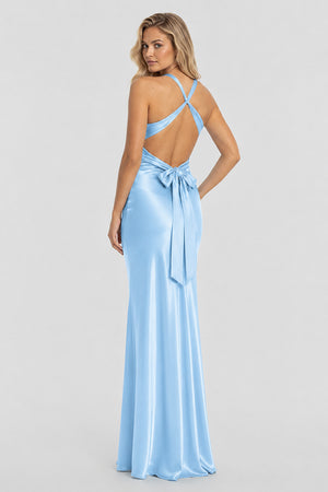 Turquoise - Halter V-Neck Pleated Satin Sleeveless Long Prom Party Dress - KissProm