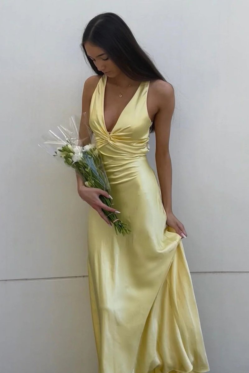 KissProm-Steph Yellow Halter V-Neck Pleated Satin Sleeveless Long Prom Party Dress