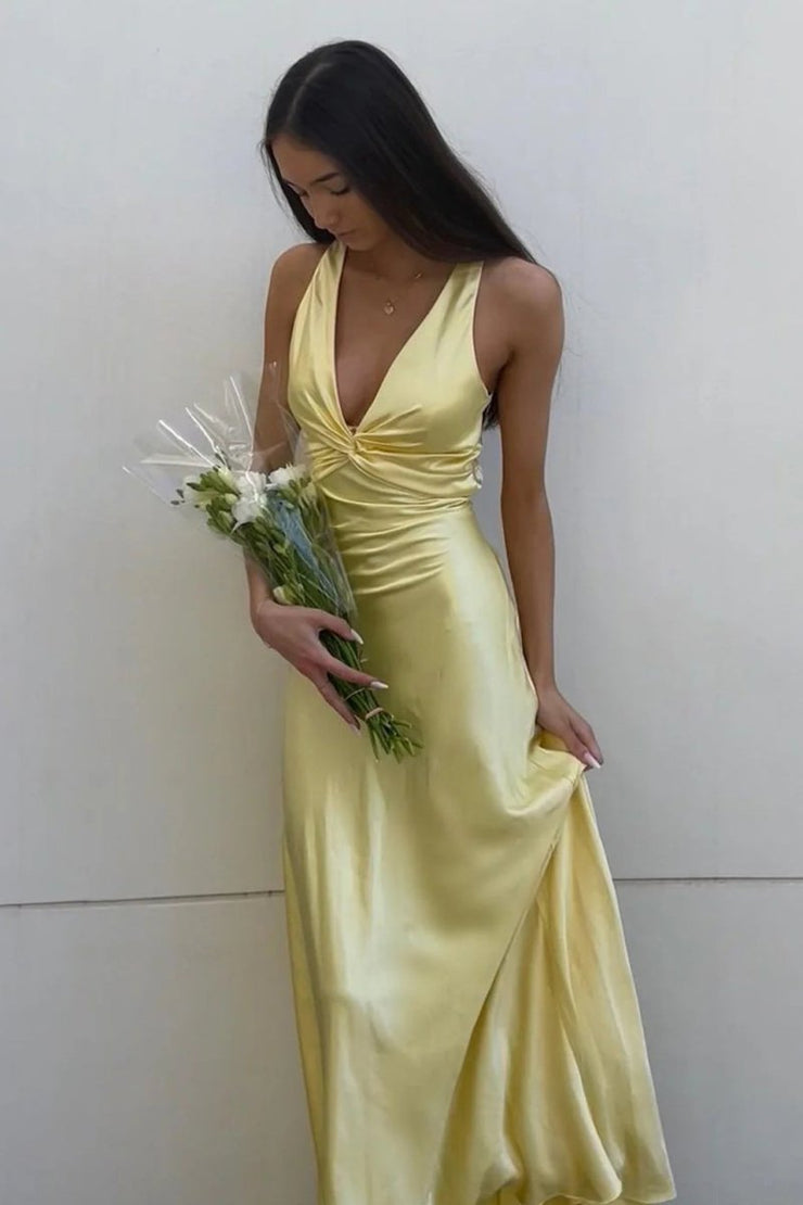 Tahiti Color Prom Dress Halter Straps V-Neck Lace Up Back Stretch Satin Prom Dress With Slit
