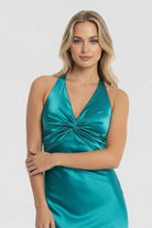 KissProm-Steph Turquoise Halter V-Neck Pleated Satin Sleeveless Long Prom Party Dress