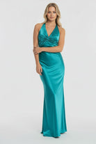 KissProm-Steph Turquoise Halter V-Neck Pleated Satin Sleeveless Long Prom Party Dress