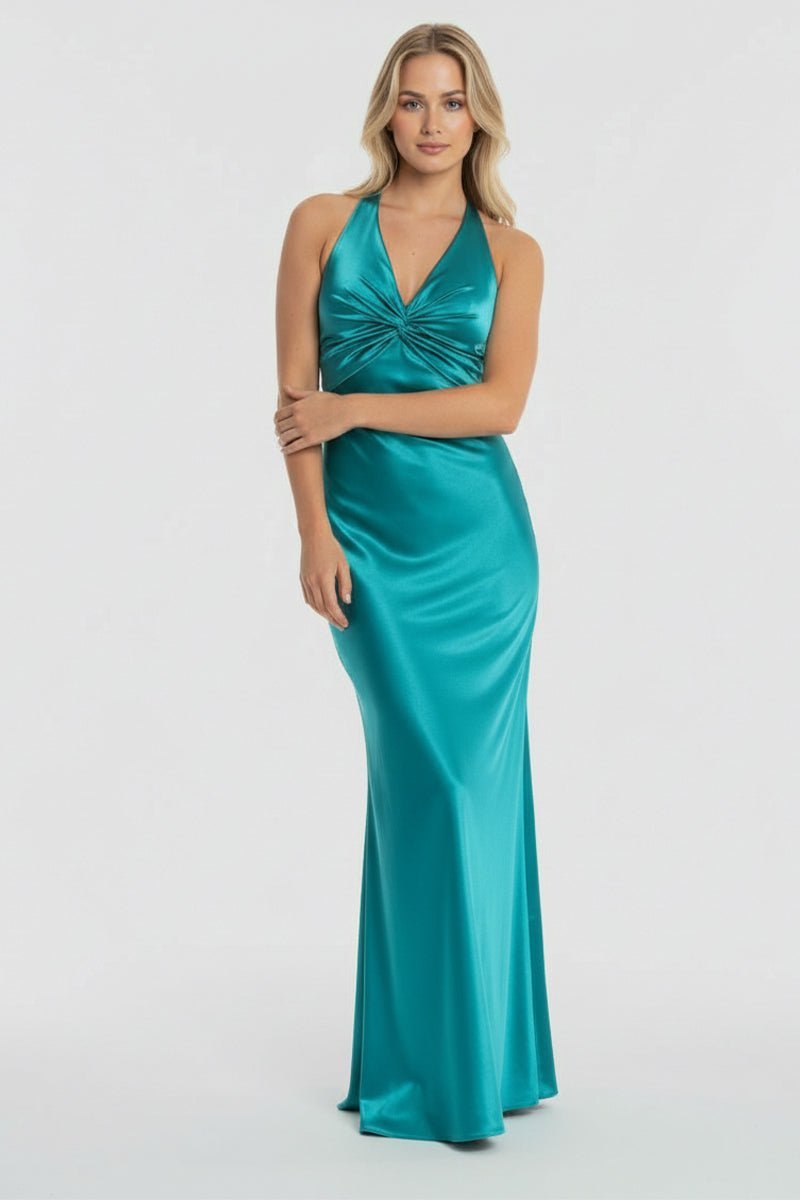 KissProm Turquoise Halter V-Neck Pleated Satin Sleeveless Long Prom Party Dress, Fuchsia / 2