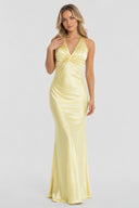 Turquoise - Halter V-Neck Pleated Satin Sleeveless Long Prom Party Dress - KissProm