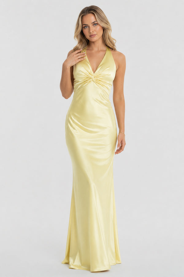 Turquoise - Halter V-Neck Pleated Satin Sleeveless Long Prom Party Dress - KissProm