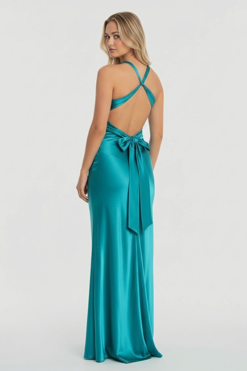 KissProm Turquoise Halter V-Neck Pleated Satin Sleeveless Long Prom Party Dress, Fuchsia / 2