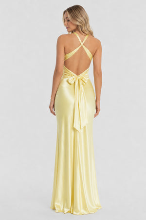 Turquoise - Halter V-Neck Pleated Satin Sleeveless Long Prom Party Dress - KissProm