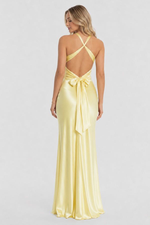 Turquoise - Halter V-Neck Pleated Satin Sleeveless Long Prom Party Dress - KissProm