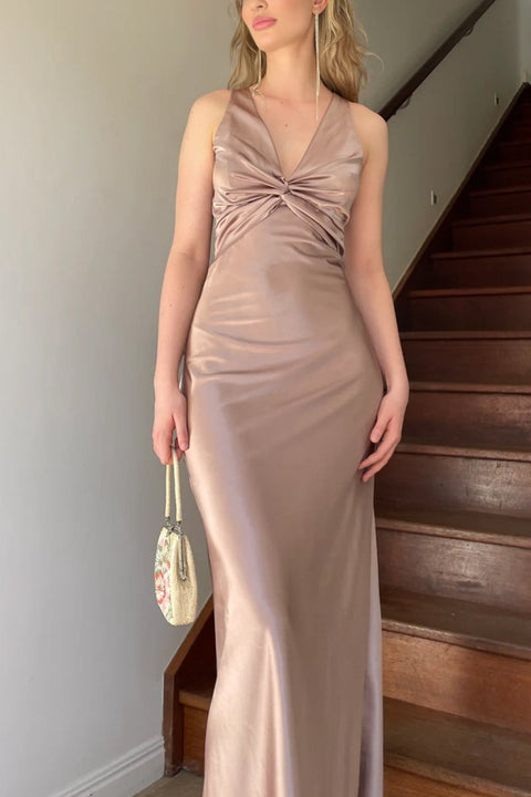 Halter Pleated Sheath Satin Long Prom Dresses With Beading