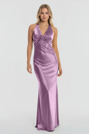 Turquoise - Halter V-Neck Pleated Satin Sleeveless Long Prom Party Dress – Prom Dresses by KissProm | Available at KissProm