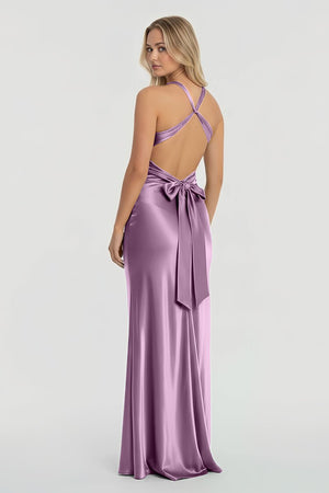 Steph | Turquoise - Halter V - Neck Pleated Satin Sleeveless Long Prom Party Dress - KissProm