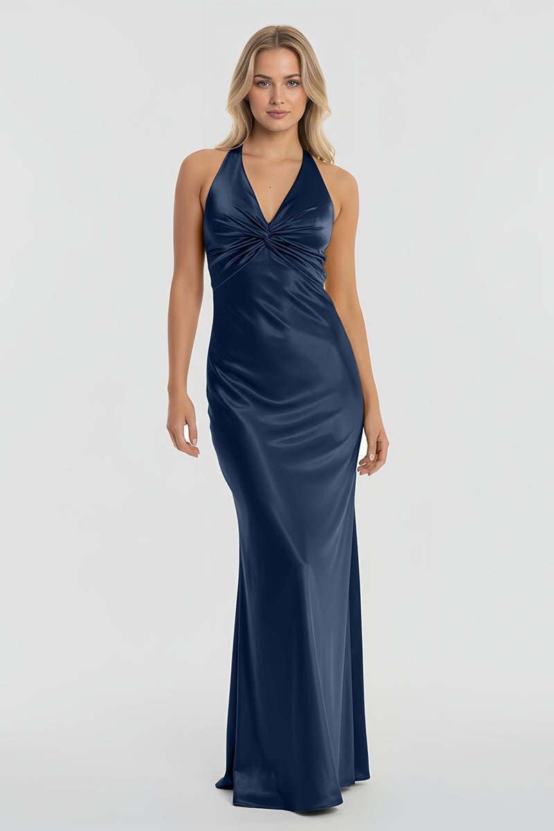 Steph | Turquoise - Halter V - Neck Pleated Satin Sleeveless Long Prom Party Dress - KissProm