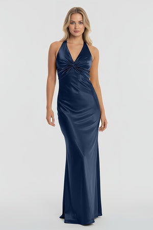 Steph | Turquoise - Halter V - Neck Pleated Satin Sleeveless Long Prom Party Dress - KissProm