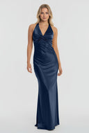 Turquoise - Halter V-Neck Pleated Satin Sleeveless Long Prom Party Dress – Prom Dresses by KissProm | Available at KissProm