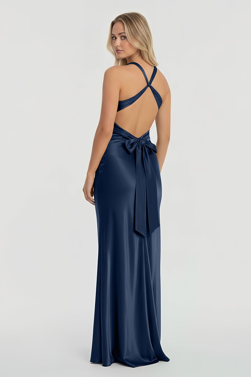 Steph | Turquoise - Halter V - Neck Pleated Satin Sleeveless Long Prom Party Dress - KissProm