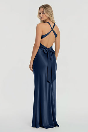 Steph | Turquoise - Halter V - Neck Pleated Satin Sleeveless Long Prom Party Dress - KissProm