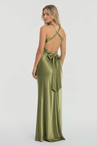 Steph | Turquoise - Halter V - Neck Pleated Satin Sleeveless Long Prom Party Dress - KissProm