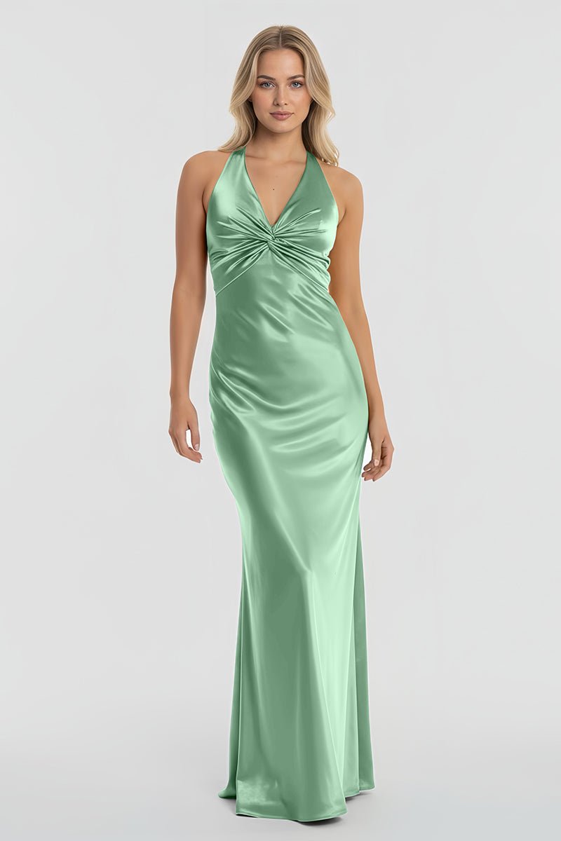 Steph | Turquoise - Halter V - Neck Pleated Satin Sleeveless Long Prom Party Dress - KissProm