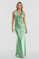 Steph | Turquoise - Halter V - Neck Pleated Satin Sleeveless Long Prom Party Dress - KissProm