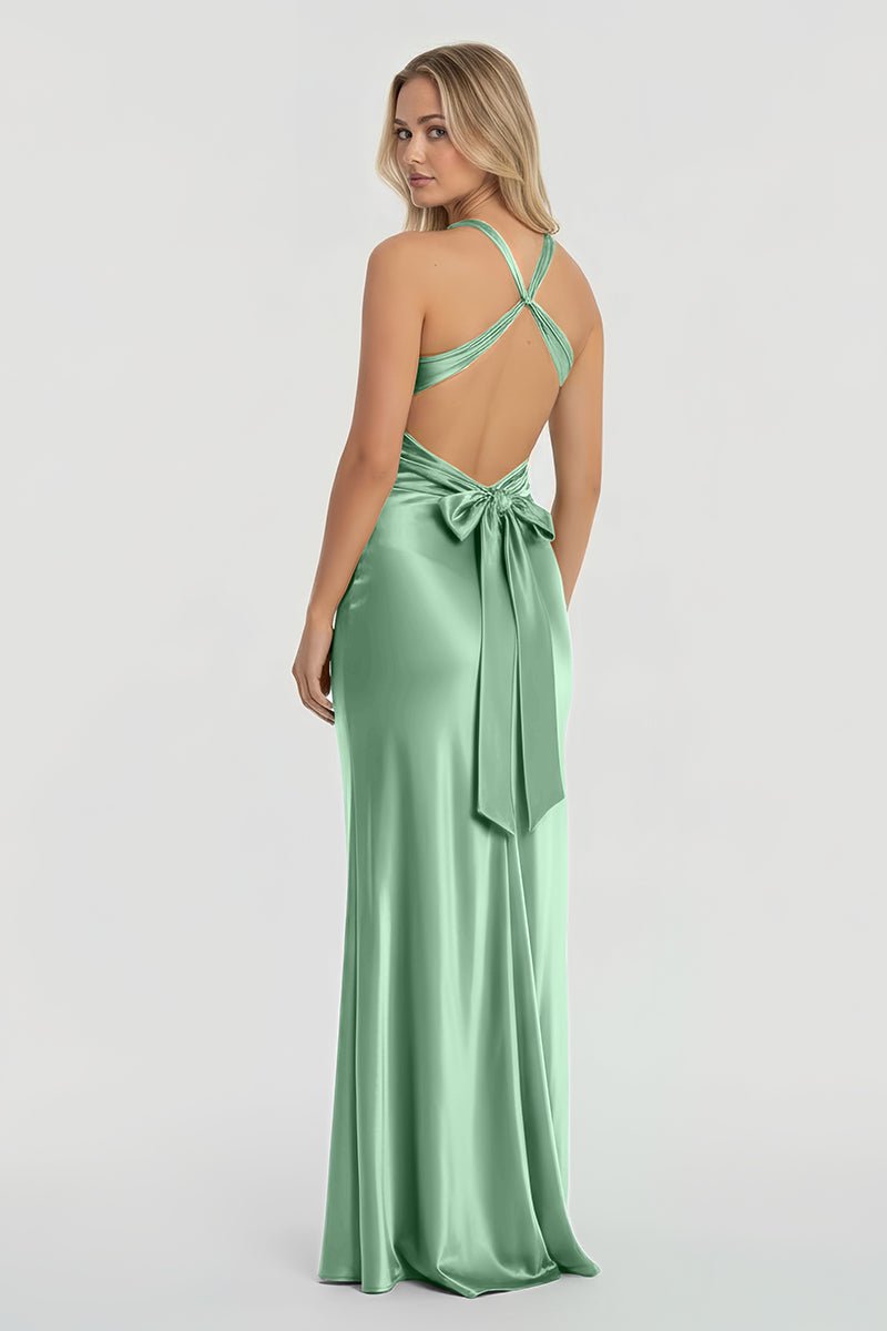 Steph | Turquoise - Halter V - Neck Pleated Satin Sleeveless Long Prom Party Dress - KissProm