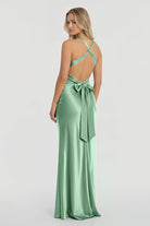 Steph | Turquoise - Halter V - Neck Pleated Satin Sleeveless Long Prom Party Dress - KissProm