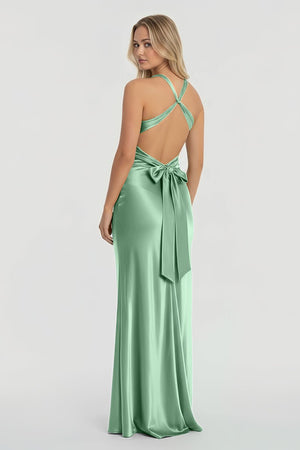 Steph | Turquoise - Halter V - Neck Pleated Satin Sleeveless Long Prom Party Dress - KissProm