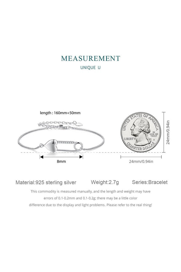 Sterling Silver Bracelet Chain with Heart Pin - KissProm
