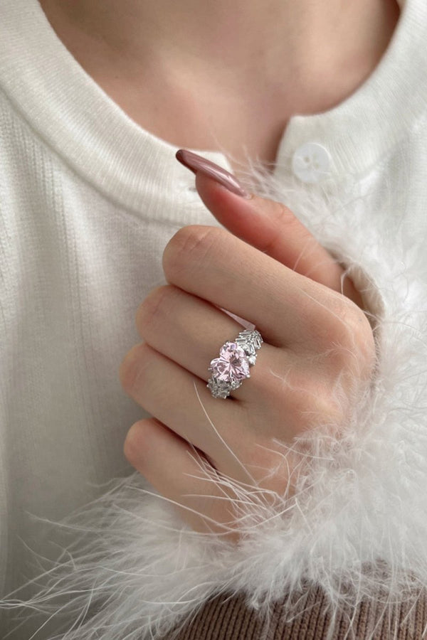 Sterling Silver Pink Heart Zircon Luxury Half Setting Ring - KissProm
