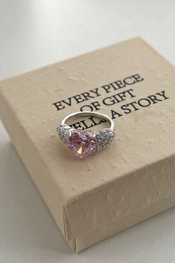 Sterling Silver Pink Heart Zircon Luxury Half Setting Ring - KissProm