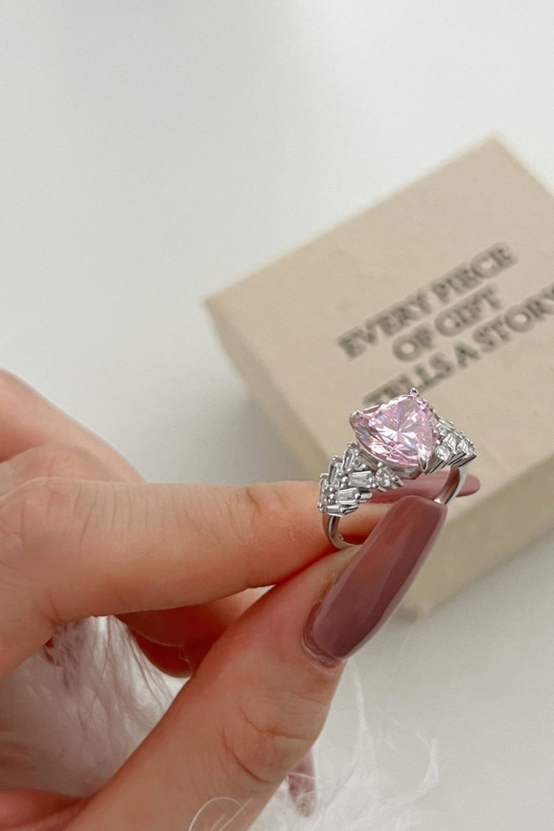 Sterling Silver Pink Heart Zircon Luxury Half Setting Ring - KissProm