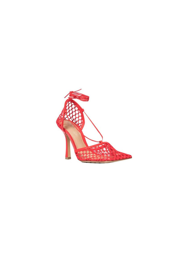 Yellow Stiletto Heel Lace Up Fishnet High Heel Sandals - KissProm