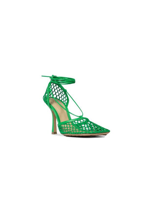 Yellow Stiletto Heel Lace Up Fishnet High Heel Sandals - KissProm