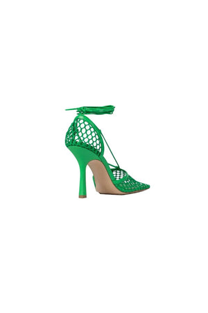 Yellow Stiletto Heel Lace Up Fishnet High Heel Sandals - KissProm