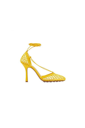 Yellow Stiletto Heel Lace Up Fishnet High Heel Sandals - KissProm