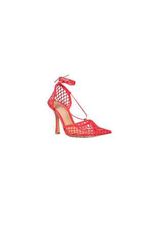 Yellow Stiletto Heel Lace Up Fishnet High Heel Sandals - KissProm