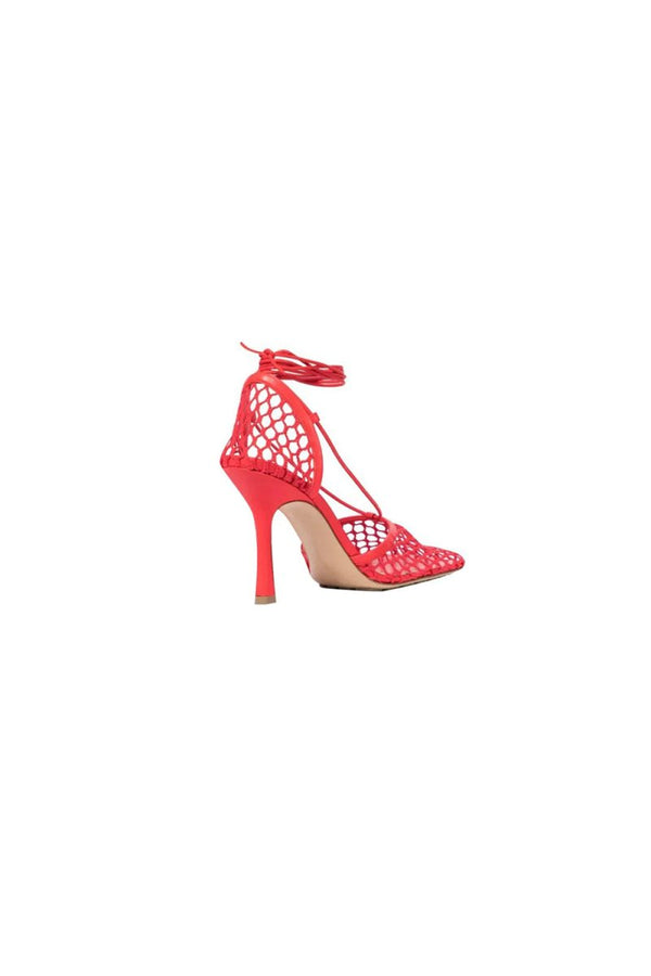 Yellow Stiletto Heel Lace Up Fishnet High Heel Sandals - KissProm