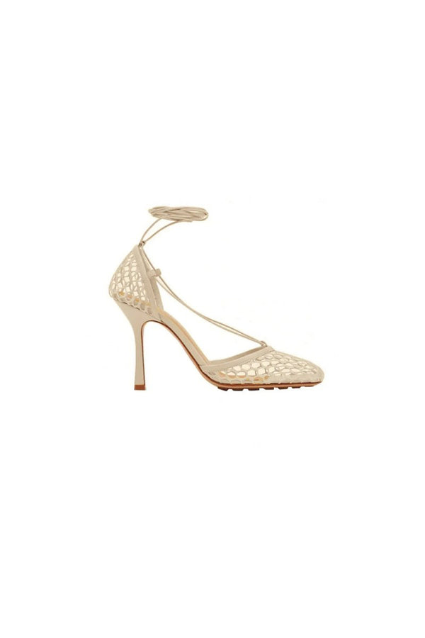 Yellow Stiletto Heel Lace Up Fishnet High Heel Sandals - KissProm