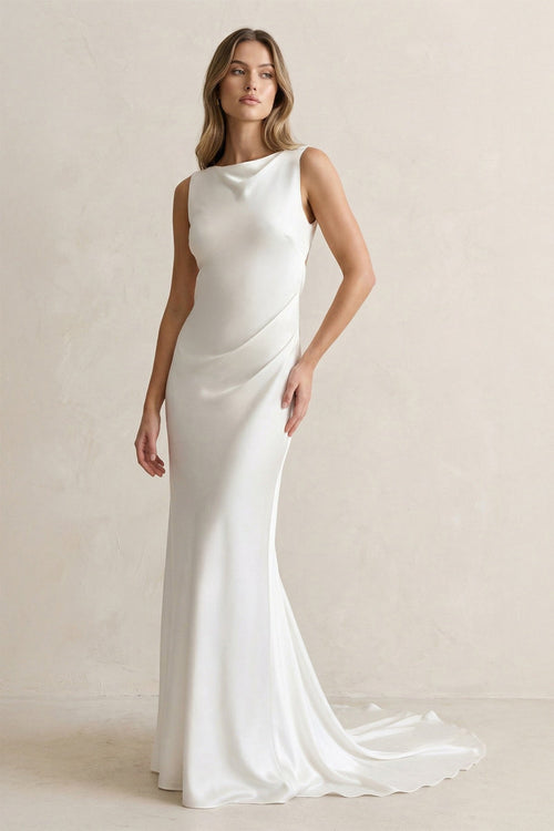 KissProm Bateau Neck Satin Mermaid Wedding Dress in White, White / 24