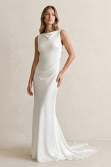 Straight Neck Satin Mermaid Wedding Dress in White - KissProm Wedding Dresses