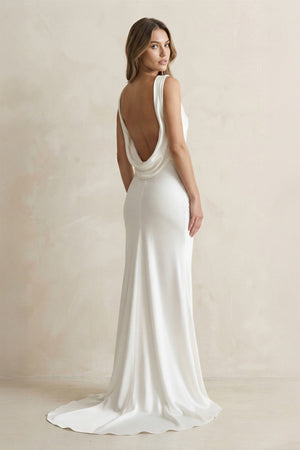 Straight Neck Satin Mermaid Wedding Dress in White - KissProm Wedding Dresses