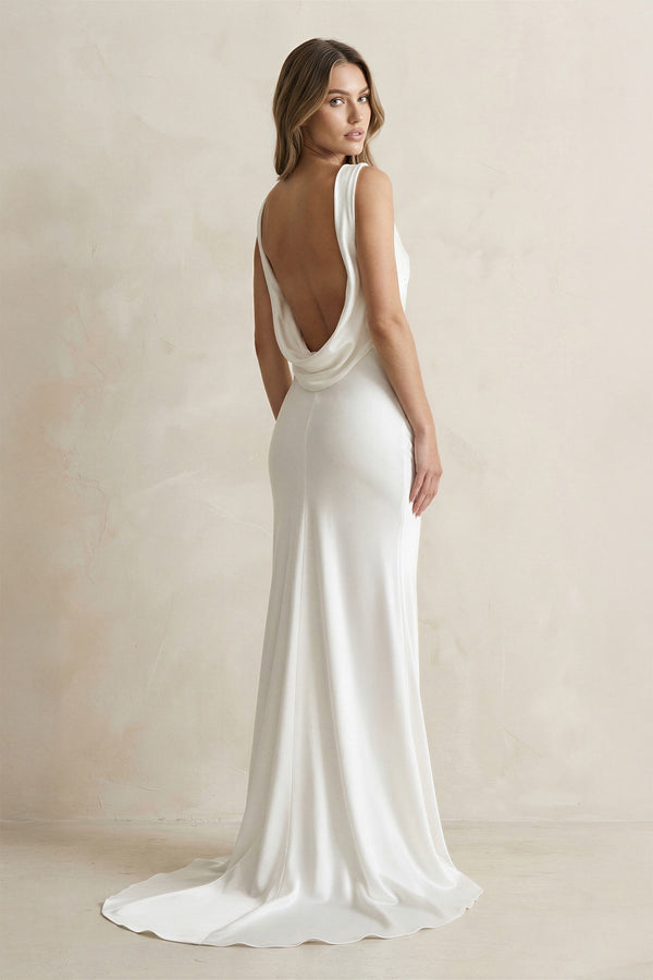 Straight Neck Satin Mermaid Wedding Dress in White - KissProm Wedding Dresses