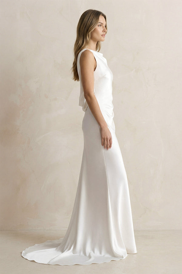 Straight Neck Satin Mermaid Wedding Dress in White - KissProm Wedding Dresses