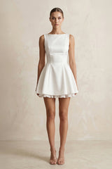 Straight Neck Satin Ruffled Mini Wedding Dress in White - KissProm Wedding Dresses