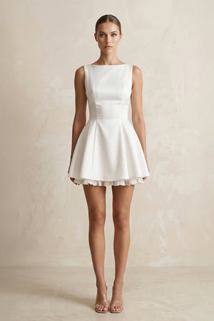 Straight Neck Satin Ruffled Mini Wedding Dress in White - KissProm Wedding Dresses