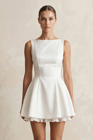 Straight Neck Satin Ruffled Mini Wedding Dress in White - KissProm Wedding Dresses